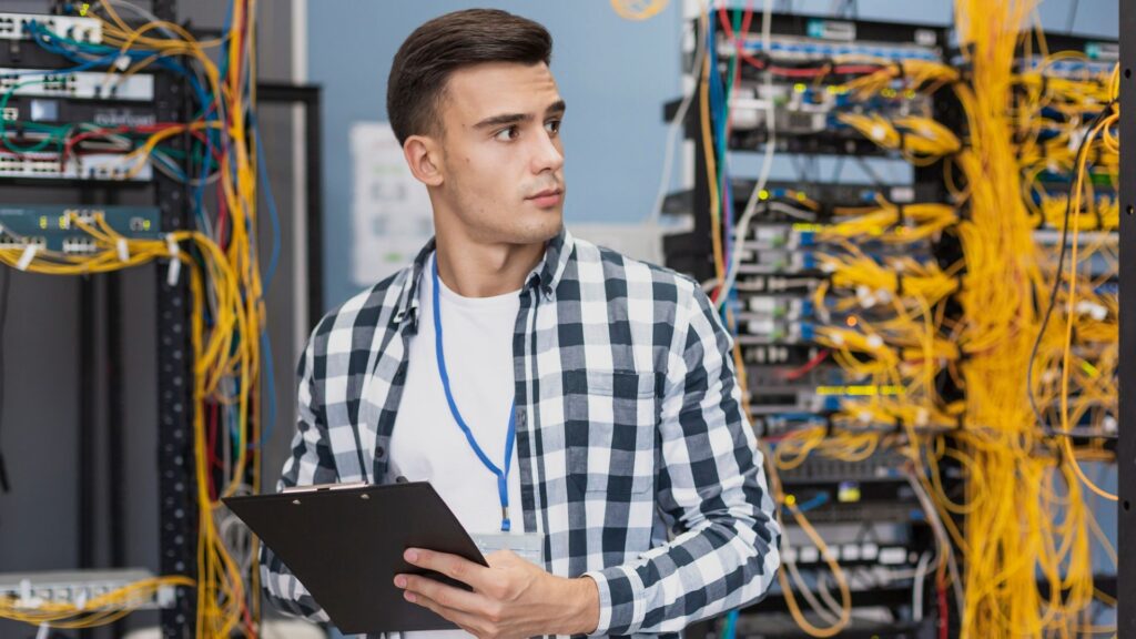 Homem trabalhando na Organização de racks de uma empresa
